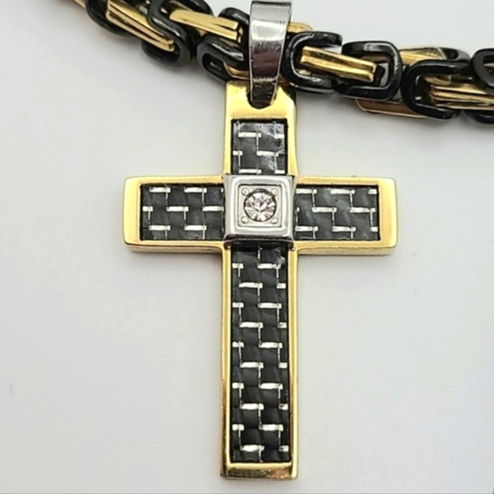 316L Stainless Steel Unisex Cross Necklace Bracelet Gold Plated Black Chain Link - Picture 2 of 6